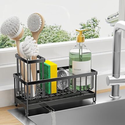 Black Sponge Holder for Kitchen Sink, Sink Caddy Organizer with High Brush Holder
