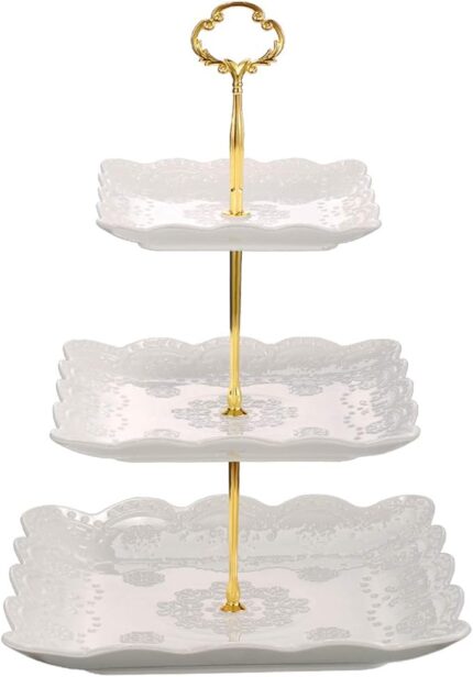 Tier Porcelain Cupcake Stand, Tiered Serving Cake Stand, Square White Embossed Dessert Stand