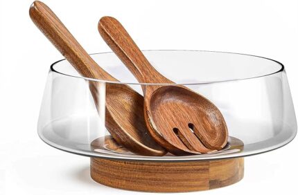 Extra Large Glass Salad Bowl Set - Party Salad Bowls with Acacia Wood Base and Serving Utensils