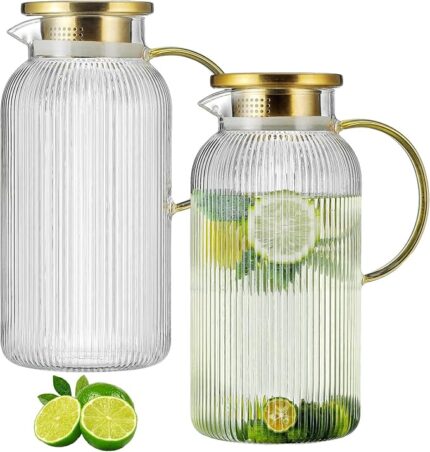 2 PACK Glass Pitcher with Lid, 68 oz/ 2 Liter Classic Vertical Stripes Water Pitcher,Glass Water Carafe for Cold Brew